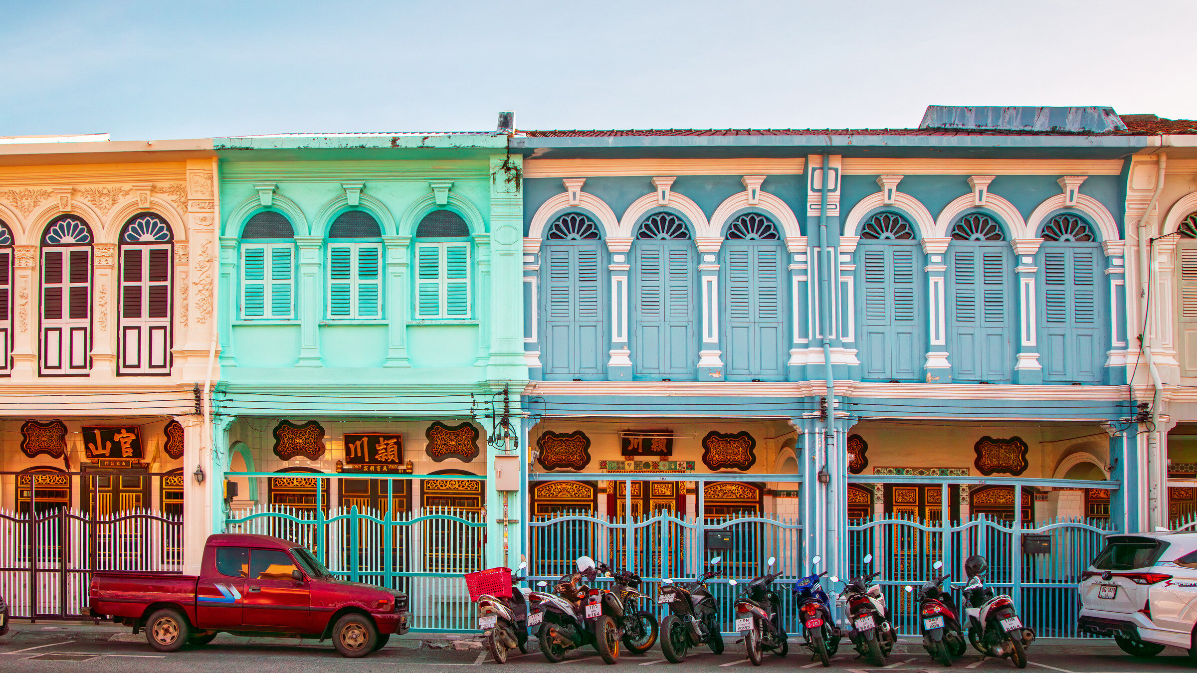Sino-Portuguese shophouses in pastel mint and blue