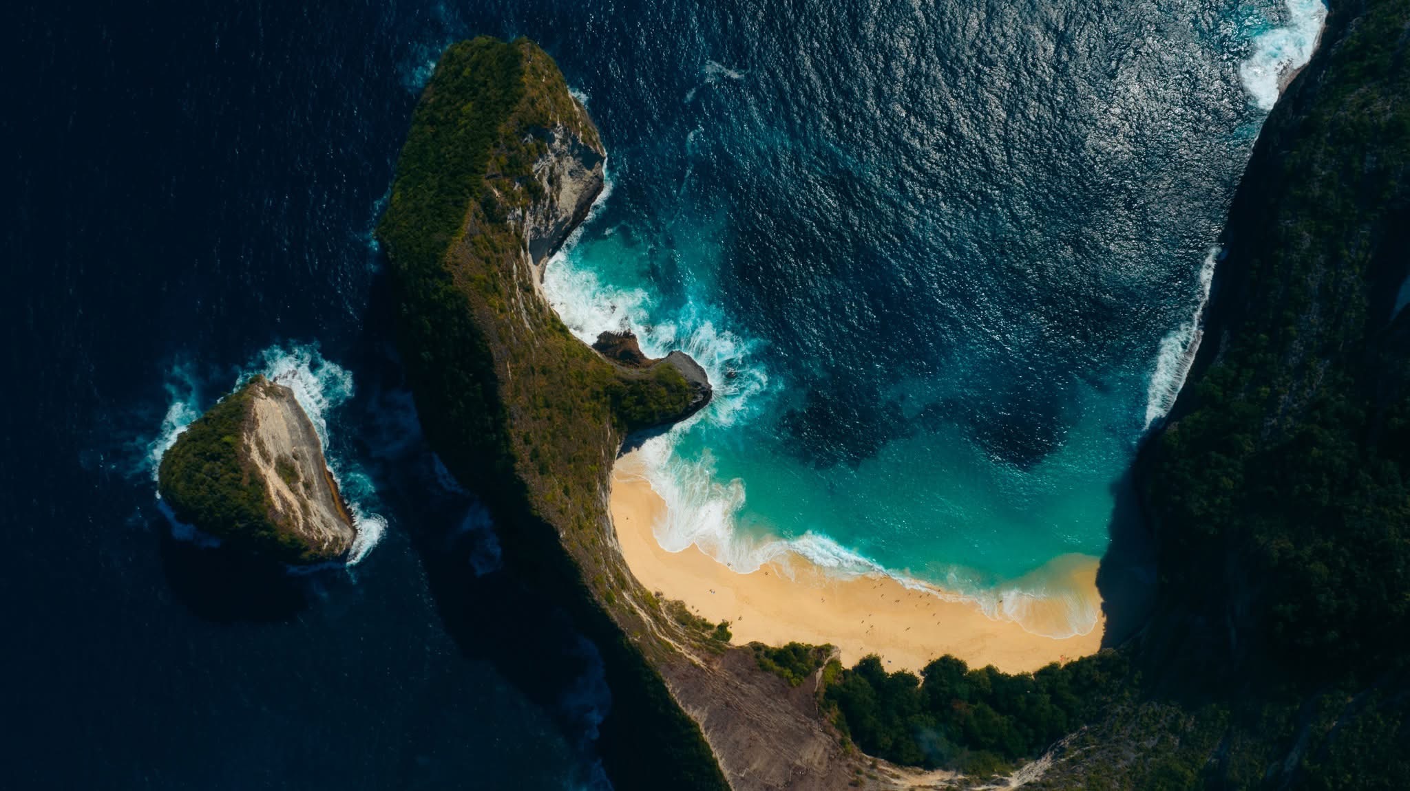Kelingking Beach cliff aerial, Bali — destination photography by Samuel John Ford