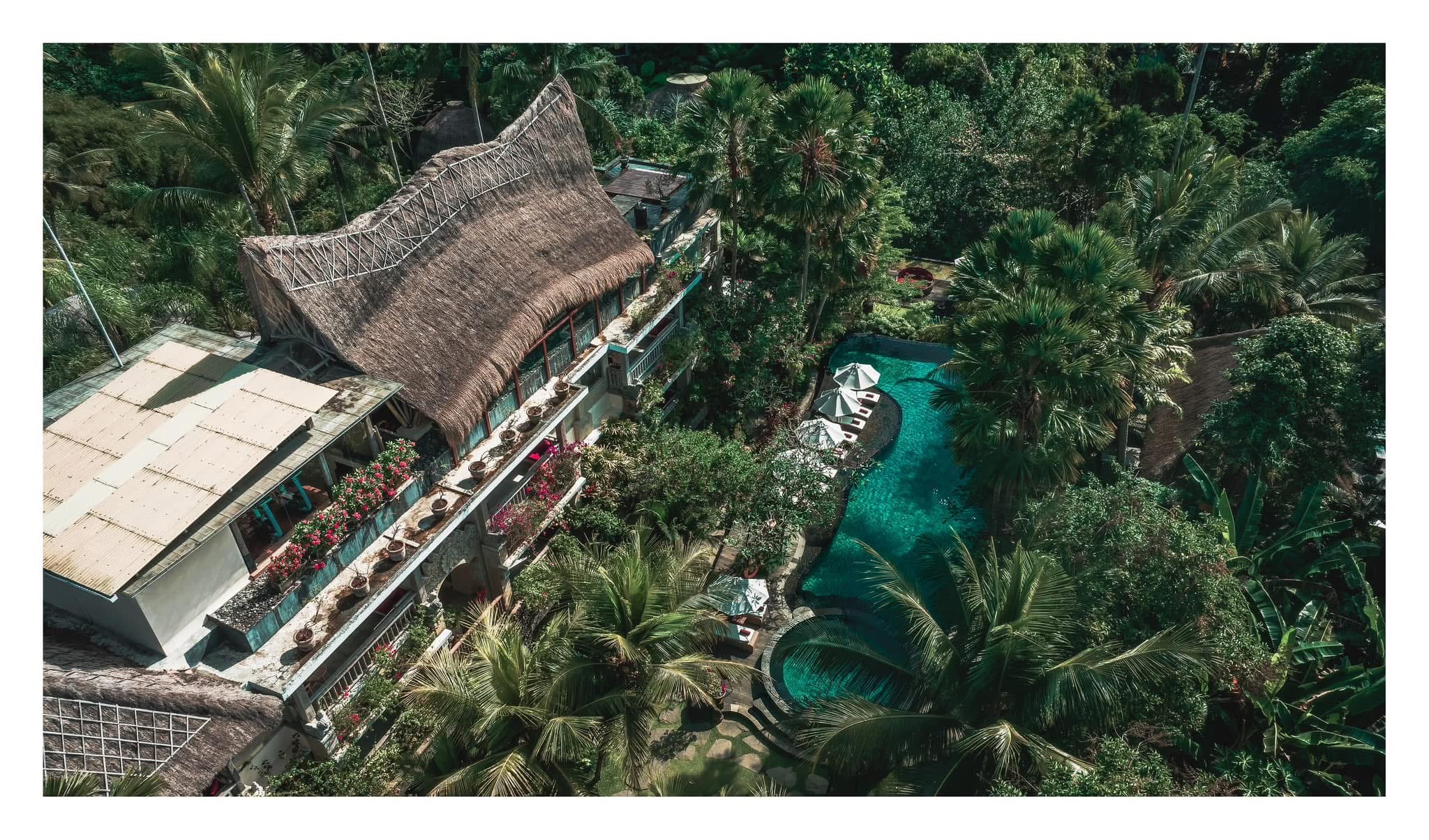 Jungle resort infinity pool aerial — hospitality photography by Samuel John Ford