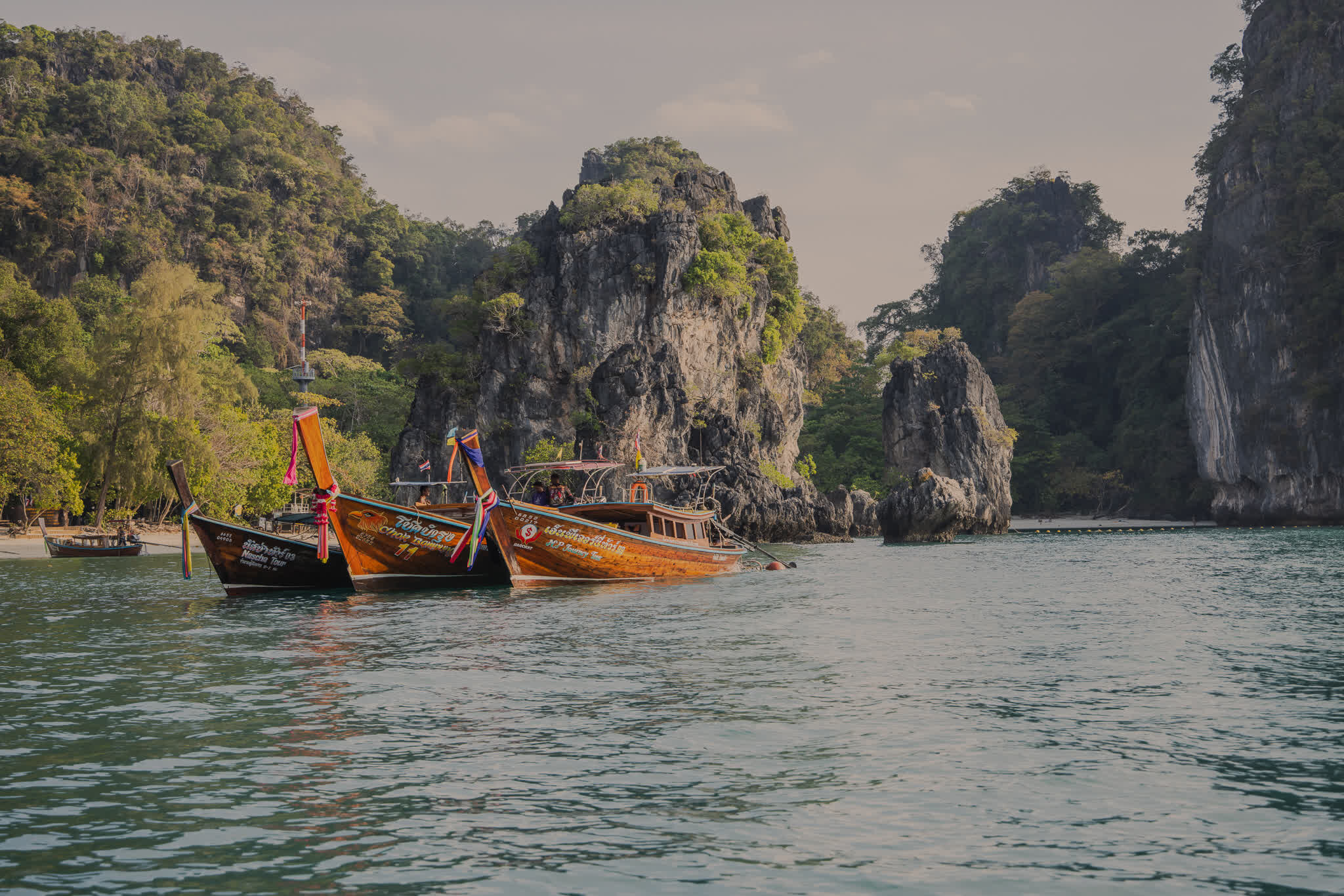 Traditional longtail boats moored beside limestone cliffs, Krabi