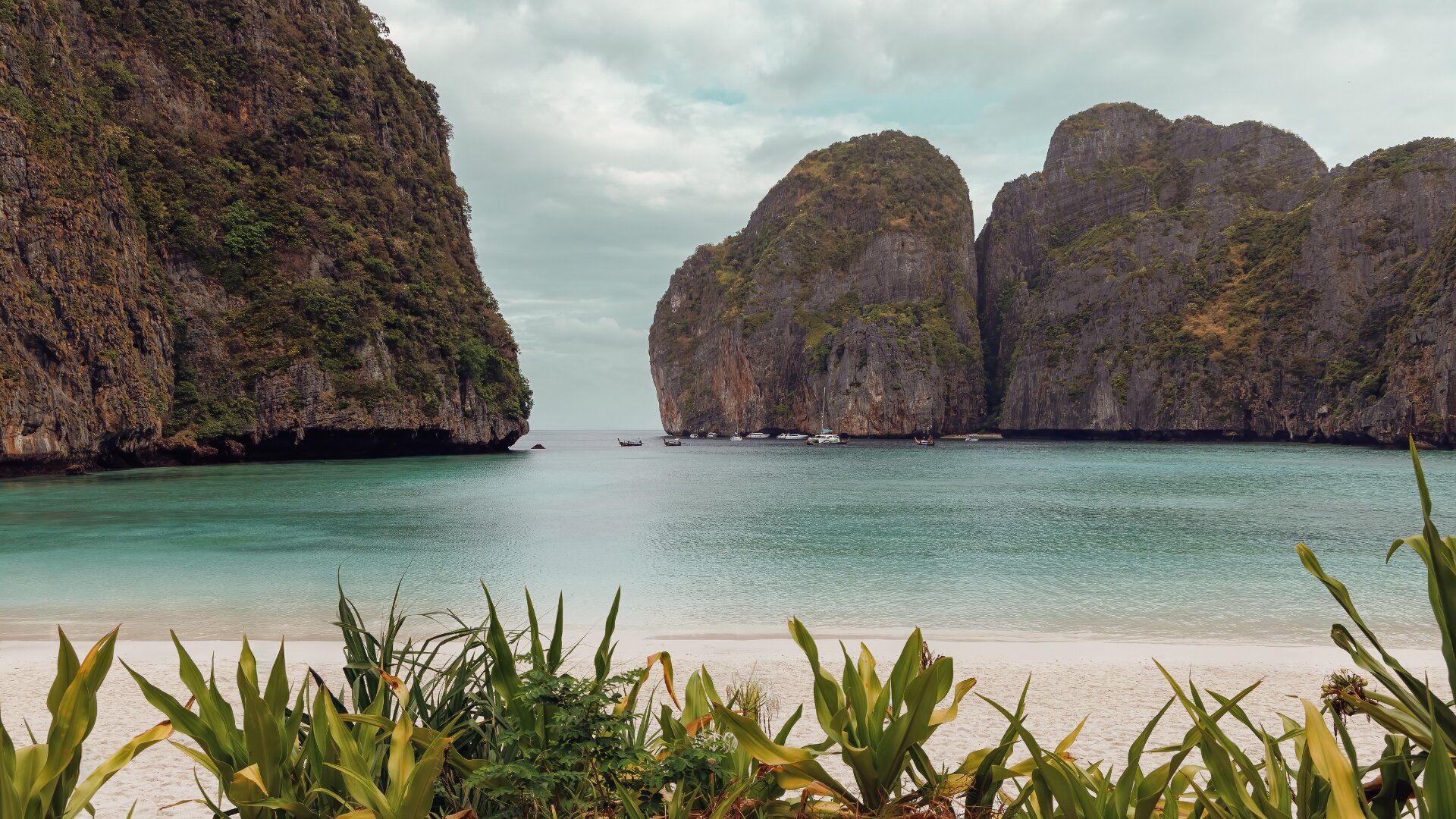 Maya Bay turquoise water framed by limestone cliffs, Thailand — landscape photography by Samuel John Ford