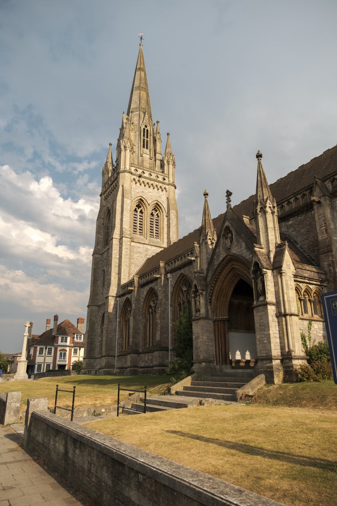 Gothic church with soaring spire and ornate stonework, Isle of Wight — architectural photography by Samuel John Ford