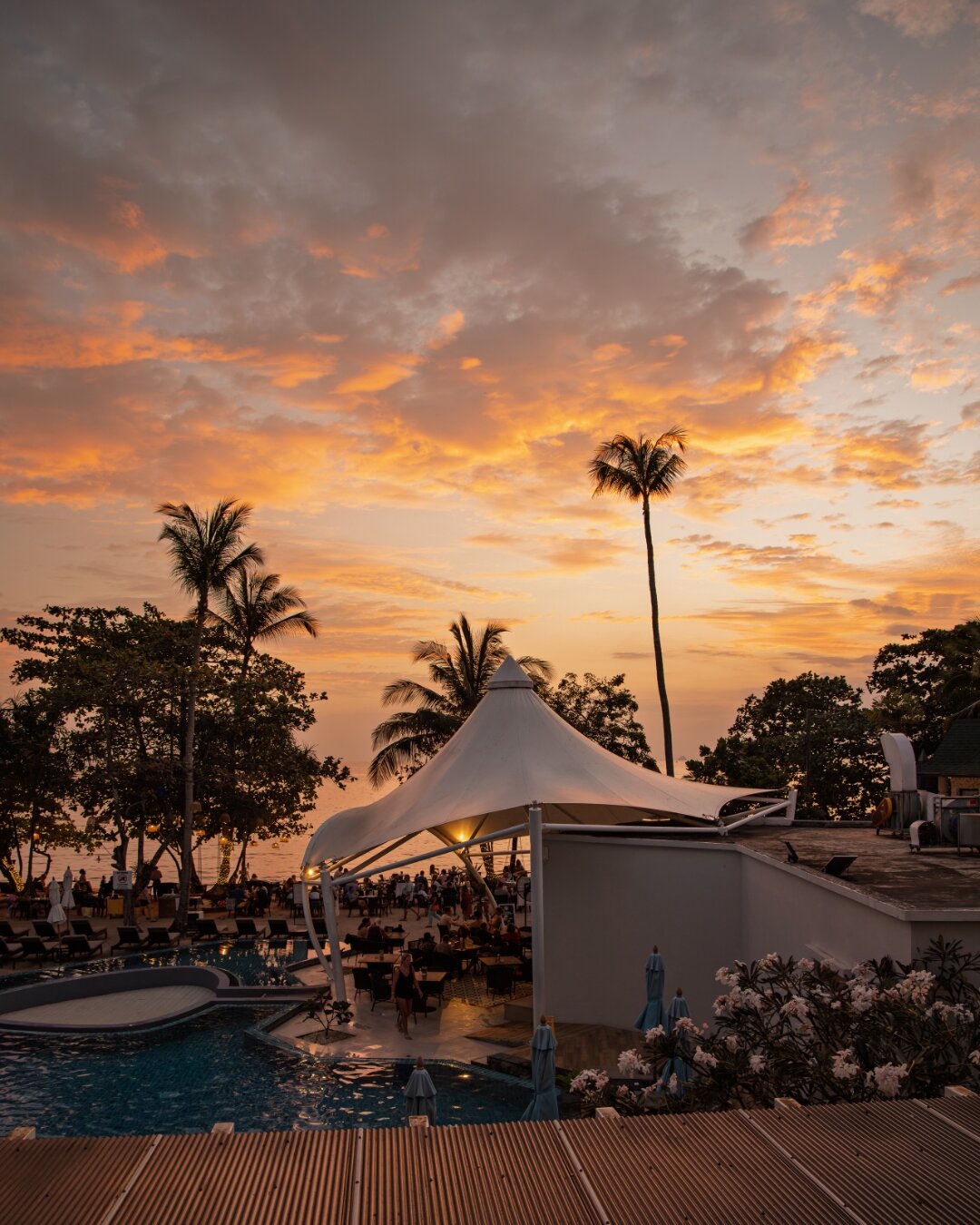 Resort pool silhouetted against a dramatic sunset